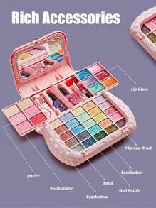 1pc Children Pretend Play Makeup Set, Girls Princess Cosmetic Box With Handbag, Lipstick, Eye Shadow, Brush, Birthday Gift
