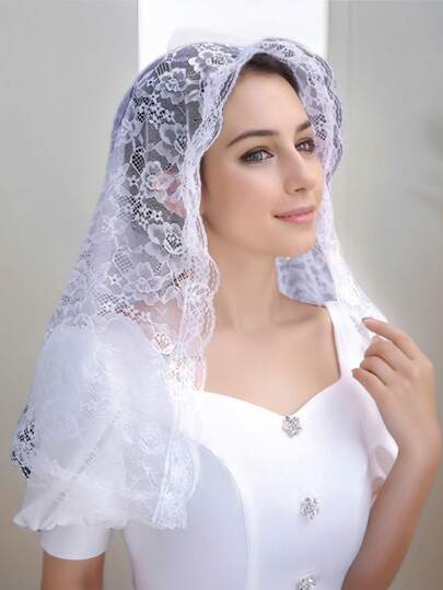 1 件女士短款蕾丝边透明头纱头巾，镂空设计头饰，适合婚礼、派对、摄影秋季女士服装