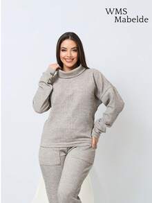 WMS Women's Woolen Ribbed Crew Neck Pants Set SimpleElegantCasualCutePocket - 淺灰色 - 查看 1