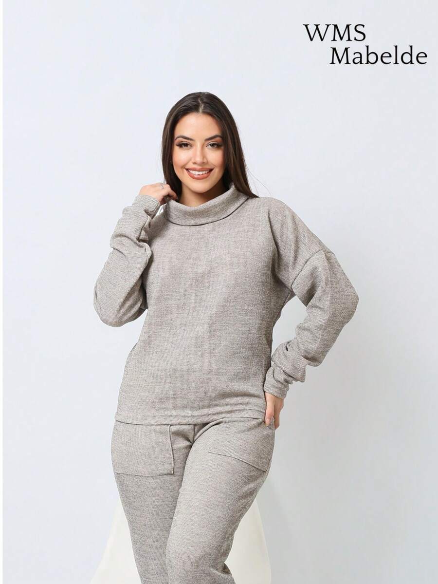 WMS Women's Woolen Ribbed Crew Neck Pants Set SimpleElegantCasualCutePocket - 淺灰色 - 查看 1