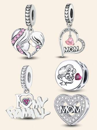 1 件时尚 925 纯银闪亮妈妈心形吊坠串珠适合女士手链手镯 DIY 珠宝制作和日常服装搭配珠宝装饰适合女孩