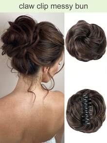 女士凌乱发髻发夹，凌乱波浪卷发发髻接发，蓬松盘发发髻夹式合成假发马尾辫（深棕色） - Dark Brown - 查看 1