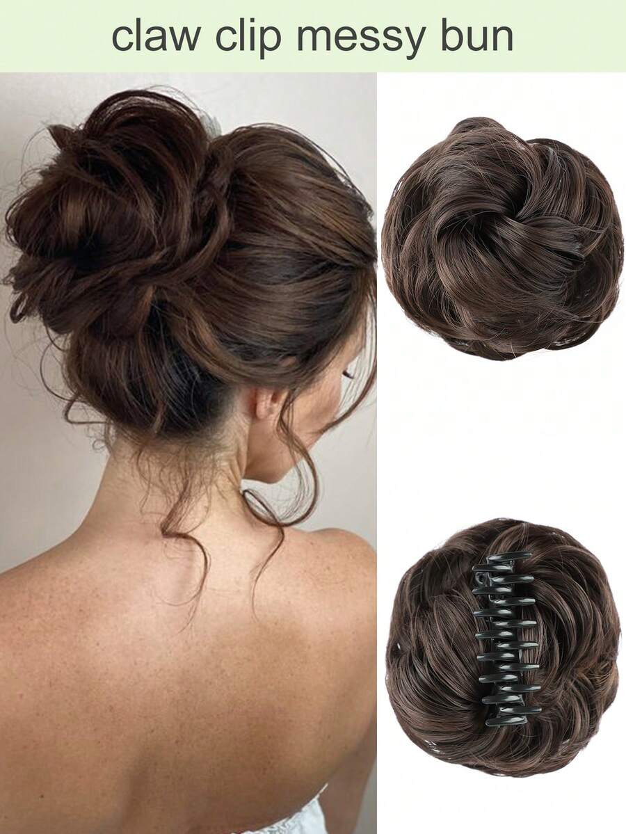 女士凌乱发髻发夹，凌乱波浪卷发发髻接发，蓬松盘发发髻夹式合成假发马尾辫（深棕色） - Dark Brown - 查看 1