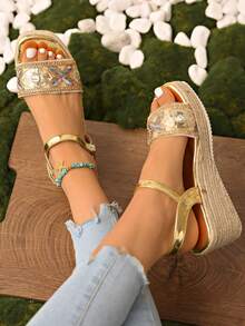 Summer Women's Wedge Heel Thick Sole Rhinestone Strappy Beach Sandals Casual Outdoor Shoes - Gold - View 3