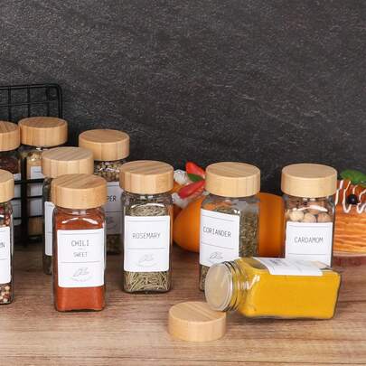 120ml/4oz Square Glass Spice Jar With Bamboo/Wooden Lid, Suitable For Kitchen Seasoning, Also An Ideal Christmas Gift. Home Decor New Year Present.