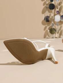 Women's Rhinestone Buckle Decor Pointed Toe Stiletto Heel Pumps, Beige Fashion Versatile Party Sandals - Beige - View 8