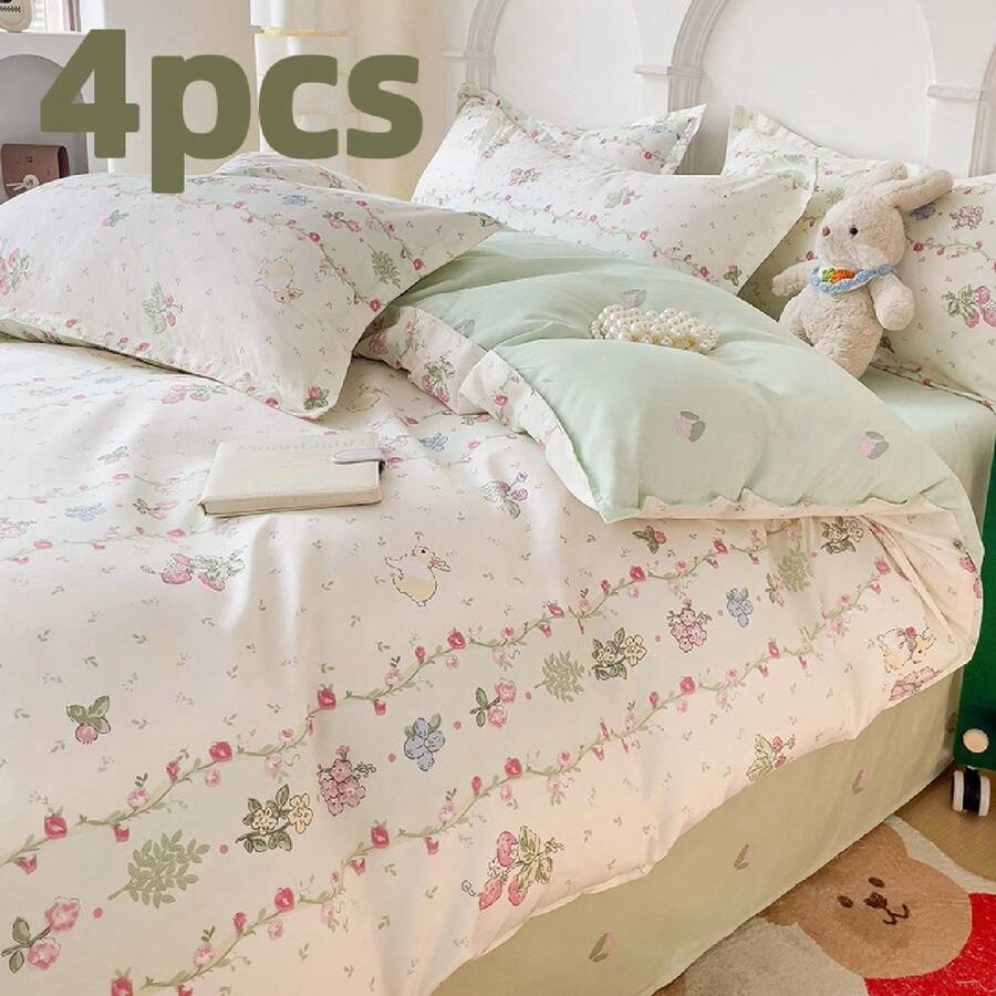 4 件装芦荟棉草莓兔绿色床上用品套装，1*床单+1*羽绒被套+2*枕套，无枕芯，无羽绒被芯，亲肤，柔软舒适，简约