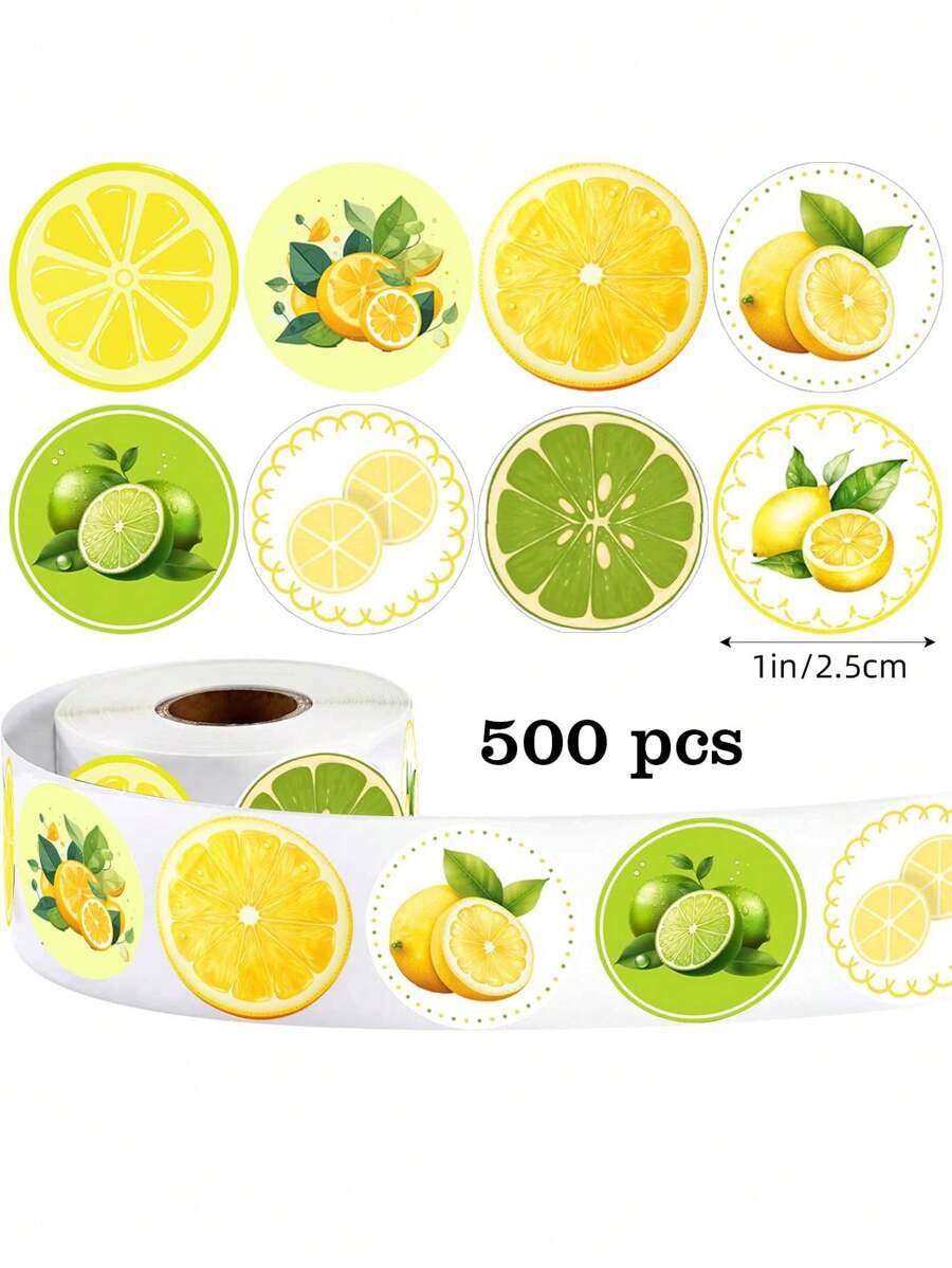Rollo de 500 piezas de pegatinas de limón con diseños de dibujos animados, 8 diseños en amarillo y verde, con forma de fruta adorable, pegatinas autoadhesivas para sellos, regalos, sobres, tarjetas, fiestas, manualidades de scrapbooking, decoraciones, calcomanías de PVC