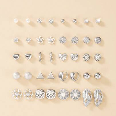 一套20对时尚简约银金色珍珠叶心形多件套女士耳环套装，可日常佩戴的节日礼品首饰。