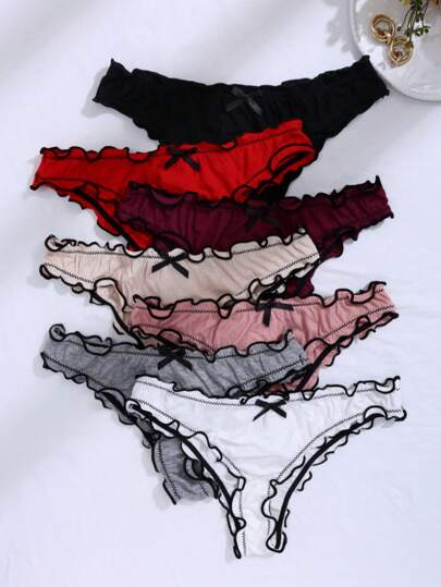 7 Stücke/Set Damen Lässig Slips, mit Schleife & Rüschenrand Dekor, geeignet für den täglichen Gebrauch