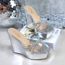 Women's Double Bowknots Crystal Sandals Clear Slingback Heels Square Toe Low Block Chunky Heels Sandals Wedding Party Dress Pumps Shoes WEGO-2 - 銀色 - 查看 4