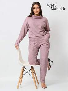 WMS Women's Woolen Ribbed Crew Neck Pants Set SimpleElegantCasualCutePocket - 乾枯玫瑰色 - 查看 3