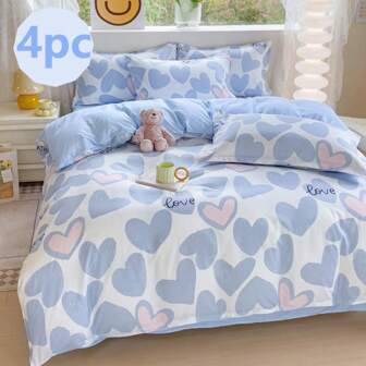 4pcs Aloe Cotton Cartoon Heart Pattern Bedding Set, 1*Bed Sheet + 1*Duvet Cover + 2*Pillow Covers, Without Pillow/Quilt Filling, Skin-Friendly, Soft & Comfortable, Minimalist Design