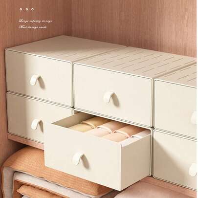 1个米色PP桌面收纳盒，办公/家用化妆品收纳盒，抽屉式化妆品收纳架（随机手柄和盒子上的字母）