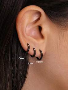suteyi 3 Pcs Gunmetal Black Everyday Huggie Hoop Earrings • Huggie Earrings • Simple Hoop Earrings • Stainless Steel Black Earrings - Black - View 2