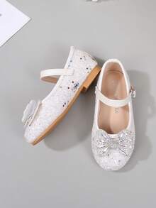 Shiny Sequin Bow Tie Party Wedding Dance Flat Shoes, Wedding Guest Ballet Flats Suitable For Toddler, Little Kid And Big Kid, High-End Fashion Shiny Sequin Party Wedding Dance Flat Shoes - White - View 5
