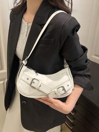 1 pieza Bolso de hombro con remaches tipo gótico Y2K de moda de piel de PU negra, estilo vintage, perfecto para el uso diario, bolso de Luna creciente vanguardista para mujer