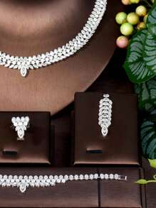 1 conjunto de joias de nicho elegante estilo francês com zircônia cúbica incrustada para festa de casamento, conjunto de joias para noite, colar, brincos, pulseira, 4 peças