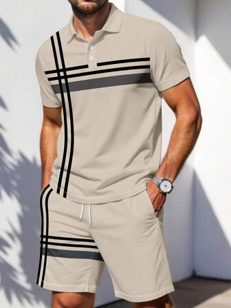 男士条纹印花短袖 Polo 衫和短裤两件套服装