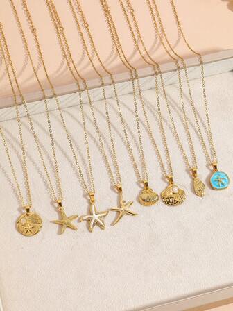 1 件夏季海滩时尚简约金色不锈钢海星贝壳吊坠项链适合女性日常度假佩戴