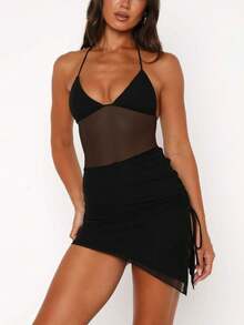 Solid Color Drawstring Open Back Halter Split Hem Sexy Dress Black Summer Party Elegant - Black - View 2