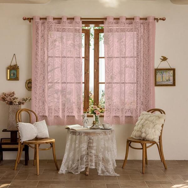 2 piezas, Patrón de rosa rosa, Encaje beige claro, Translúcido, Lavable a máquina, Perfecto para decoración del dormitorio, cocina, armario, cortinas de sala de estar