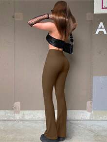 OQQ Women's 2 Piece Yoga Pants Ribbed Seamless Workout High Waist Bell Bottoms Flare Leggings - 黑色,咖啡色 - 查看 4