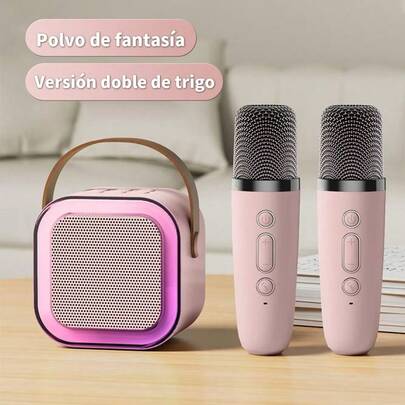 Caixa de Som c/ 2 Microfones Mini karaoke k12 Auto Falante sem Fio Bluetooth Luzes Led Brincadeiras e Diversão para toda Família.