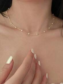 1pc Minimalist Faux Pearl Chain Necklace - Yellow Gold - View 3