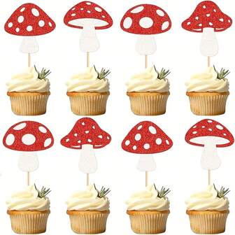 24pcs Red Mushroom Cupcake Toppers Red Mushroom Theme Cake Topper Happy Birthday Cake Toppers Decorations For Decor Supplies