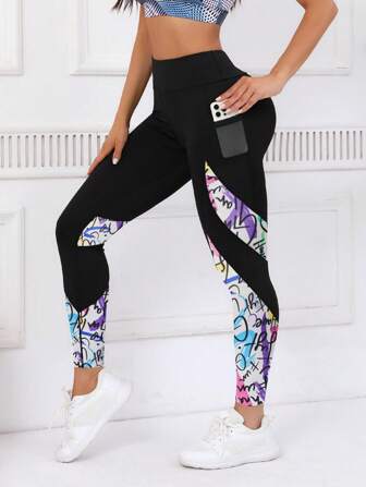 女士撞色印花口袋设计休闲健身紧身裤