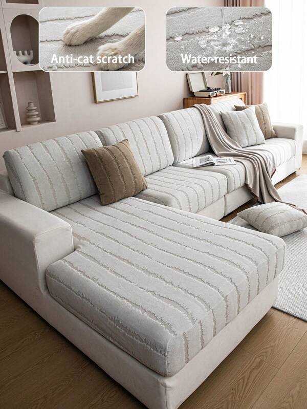 1pc All Season Splash-Proof Coral Fleece Jacquard Anti-Slip Sofa Cushion Cover, Soft & Skin-Friendly Modern Minimalist Style, Elastic Pet-Proof Sofa Slipcover For Living Room L-Shaped & 1/2/3/4 Seater Sofa (Sold Individually), Spring/Autumn