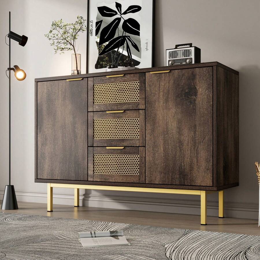Sideboard Made Of Metal And Wood, Vintage Retro Design, 3 Drawers, 2 Doors, Adjustable Shelf, Dark Brown, 120x40x76 Cm