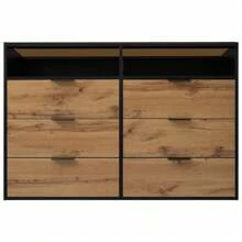 Sideboard With High-Quality Glass And Wood Veneer, 6 Drawers, Stable Structure, Easy To Clean