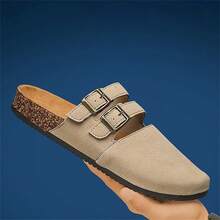 2025 Spring/Summer New Fashion Casual Beach Sandals, Closed Toe Lightweight & Breathable Unisex Couples Slippers, PU Material, Outdoor Beach Shoes, Arabic Style, Non-Slip & Durable, Random Patterns, Stitching, Buckle, Black, Khaki, Brown - Khaki - View 1