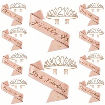 13/15/16/18/21/30/40/50/60/70 岁生日庆祝套装女士装饰品 - 优雅水晶玫瑰金生日皇冠和精美腰带派对装饰套装，送给妈妈、妻子、阿姨、姐妹的完美礼物