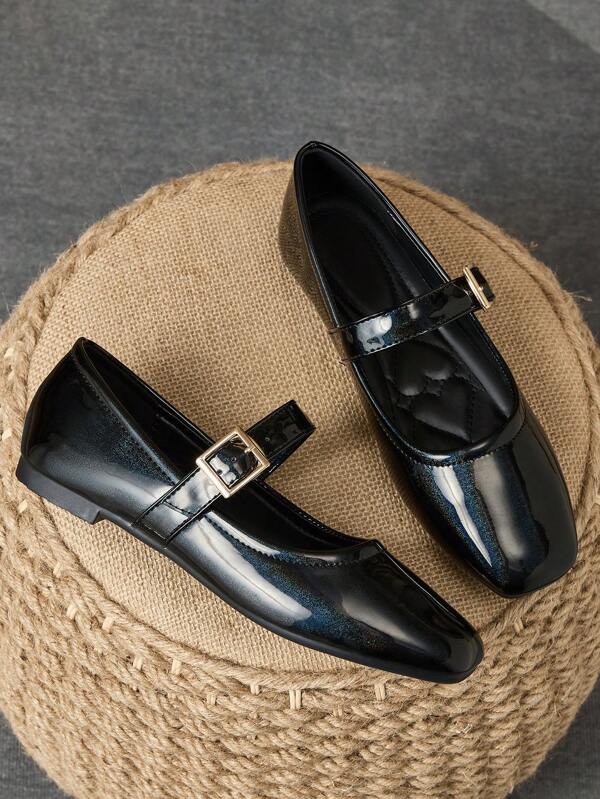 Zapatos planos de mujer de moda versátil y elegante con puntera cuadrada y escote bajo, modelo cómodo y minimalista con estampado de cielo estrellado, hebilla chapada en oro de alta gama y diseño deslizante tipo francés