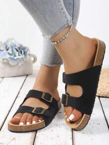 2025 Spring/Summer New Fashionable Women Cute Comfortable Thick-Sole Sandals, Women Elegant Flat Sandals, Resort Style Beach Shoes, Slip-On Flat Casual Slippers Suitable For Dresses, Beach Or Apartment, Black, White, Khaki, Brown, Coffee, Beige, Formal Shoes, Holiday Sandals, Bohemian Style Beach Walking Shoes, Flat Loafers, Thick-Sole Flat Sandals - Black - View 3