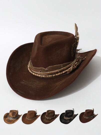 1 pieza Sombrero de vaquero unisex vintage desgastado con decoración de plumas, diseño único hecho a mano, adecuado para eventos con temática del oeste, fiestas, compromisos, cosplay, festivales, festivales de música