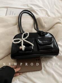New Fashion Classic All-Match Solid Color PU Waterproof Fabric Women's Handbag, Beaded Bow Decoration Design Large Capacity Shoulder Bag, Shell Bag, Women's Wallet, Suitable For Shopping, Commuting, Travel Use, Street & Japanese Bag For Women