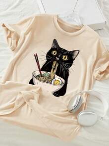Girls' Loose Casual Black Cat & Ramen Print T-Shirt, Spring/Summer - Apricot - View 2
