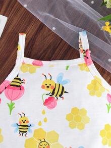 3pcs Baby/Baby Girl Summer Sleeveless Cute Cartoon Bee & Floral Print Bodysuit Set