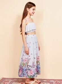 Conjunto de 2 piezas para niñas: Top de tirantes con estampado floral y falda larga, conjunto elegante de estilo campestre para vacaciones de verano