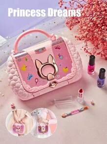 1pc Children Pretend Play Makeup Set, Girls Princess Cosmetic Box With Handbag, Lipstick, Eye Shadow, Brush, Birthday Gift