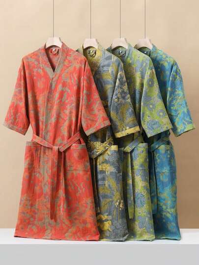 1pc Long Vintage Floral Pattern Bathrobe,Gauze Bathrobe, Absorbent And Fast Drying, Women Bathrobe, Suitable As Towel Wrap, Spring/Summer Sleepwear, Double Layer Gauze, Bath & Home Supplies Home Bathroom Decor Back To School
