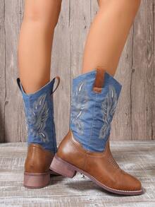 Women's Brown And Blue Thick Heeled Mid-Tube Western Boots Spliced ​​Embroidered Contrasting Short Boots Square Toe Mid-Heeled Knight Boots Autumn And Winter New Women's Color-Blocking Horse Boots - Brown - View 4