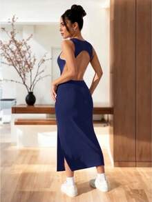Vestido Largo Ajustado de Hombros Descubiertos con Abertura en Pierna y Espalda Descubierta - Azul Marino - Ver 2