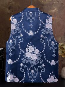 Áo vest nữ không tay cổ đứng họa tiết hoa thời trang cho mùa xuân/hè, áo khoác cardigan cài cúc phía trước thanh lịch có túi, phù hợp cho mặc hàng ngày, dạo phố, giao lưu, du lịch, sự kiện và lễ hội. - Xanh đậm - Xem 3