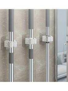 4pcs,Mop Storage Rack, Bathroom Free Punch Mop Clamp Hook Holder, Hanging Mop Storage Rack With Latch, Seamless Wall Hanging Mop Clamp, Plastic Broom Storage Holder, Bedroom, Garden, Bathroom, Home, Dormitory Home Space Saving Storage