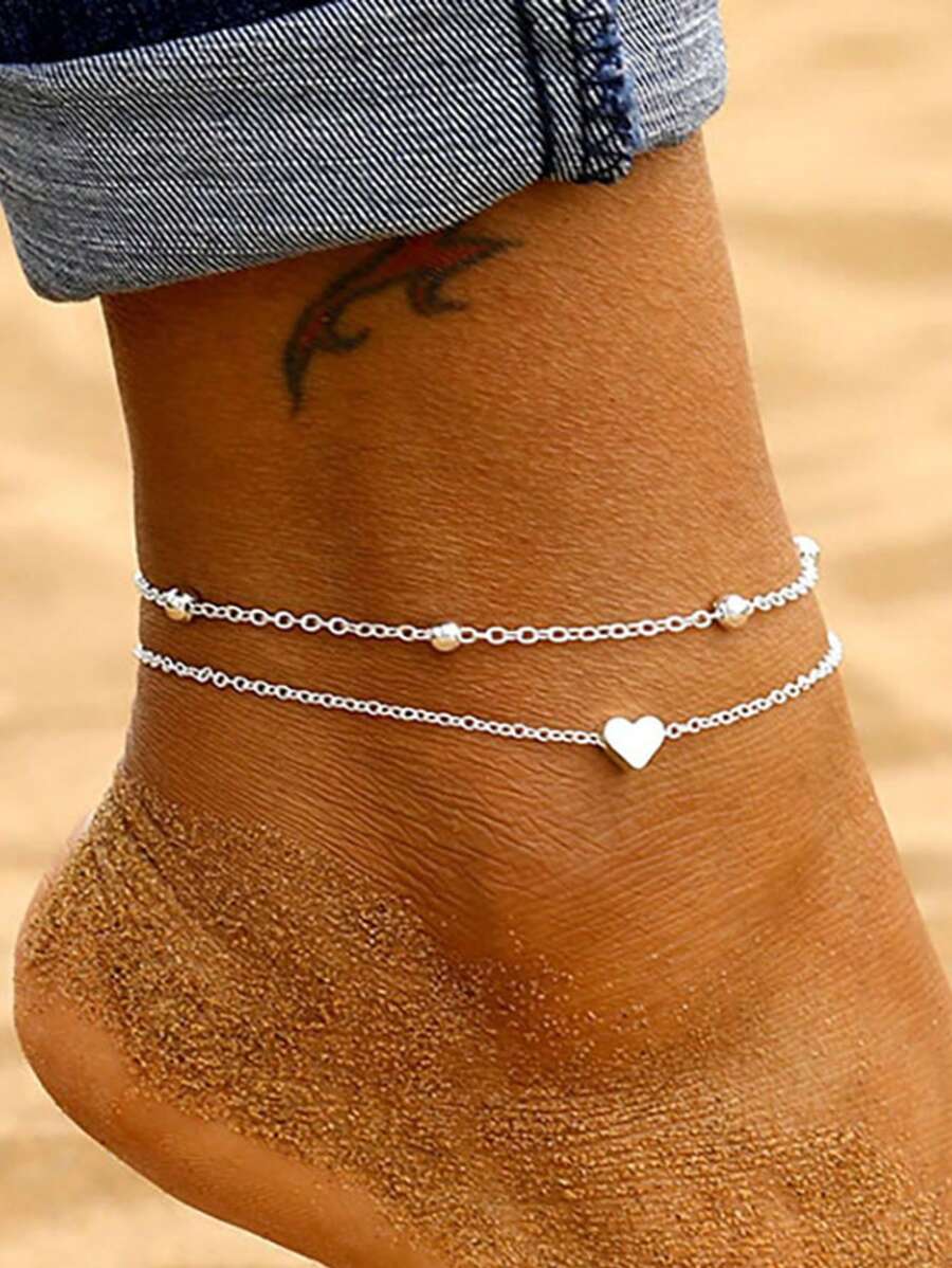 1 pezzo Cavigliera elegante minimalista a doppio strato con perle a forma di cuore, adatto per essere indossato dalle donne durante le vacanze e per uso quotidiano